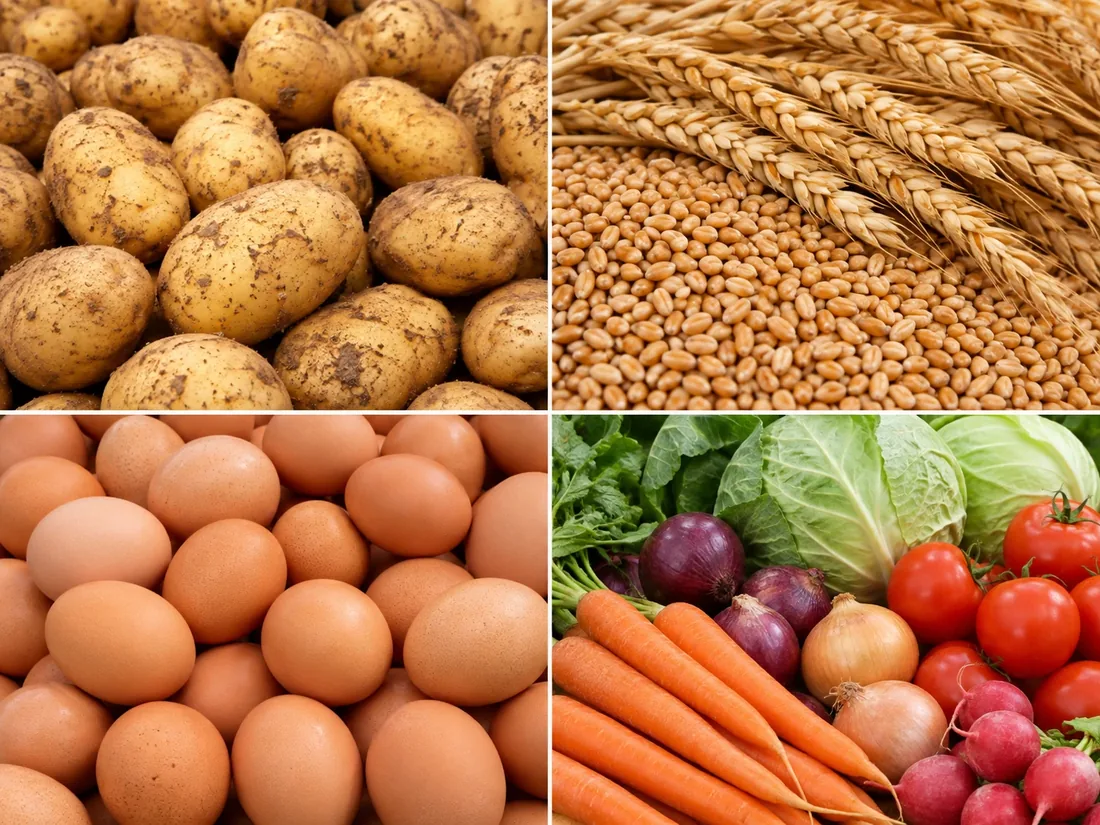Produkty rolne: ziemniaki, zboże, jajka i warzywa